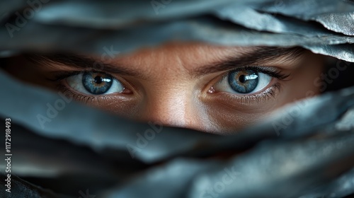 The image portrays a pair of intense blue eyes peering through a dark, textured material, evoking mystery and intrigue with its captivating and dramatic composition. photo