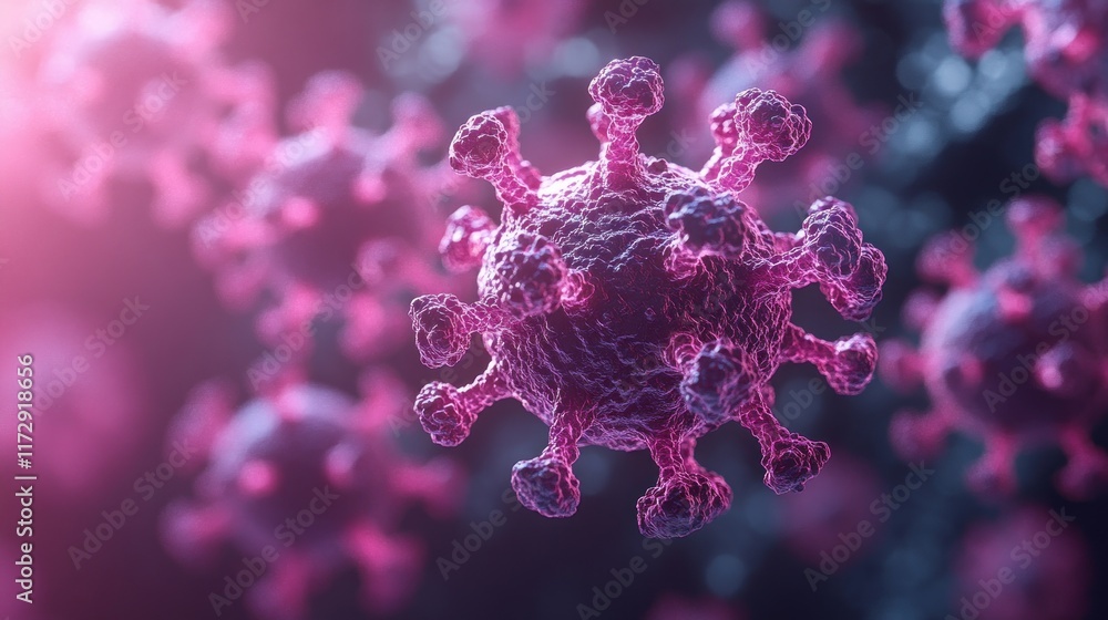 A digital rendering of a virus, showcasing its structure and features. A digital rendering of a virus, showcasing its structure and features.