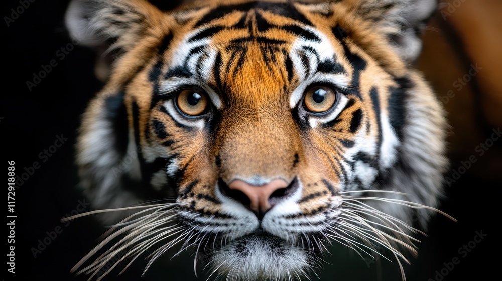 Fototapeta premium A tiger's face is up close and personal, showcasing its intense eyes and striking facial patterns, embodying a sense of raw power and vitality in its gaze.