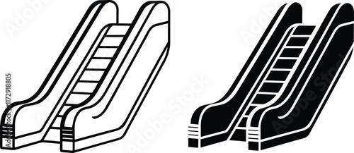 Escalator Illustrations Double, Up, Down, Black, White, Moving Stairs