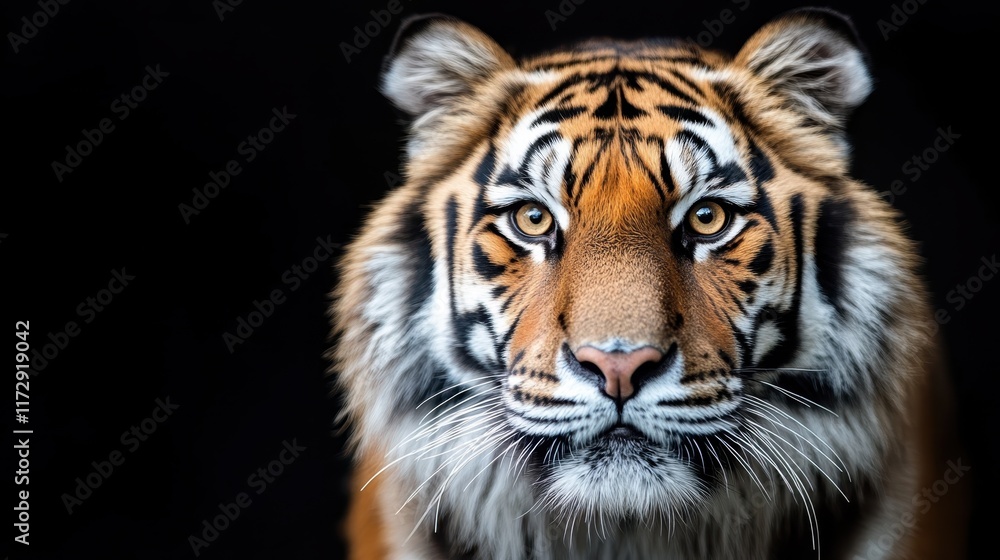 Fototapeta premium A fierce tiger with a striking stripe pattern stares directly ahead with its intense eyes, showcasing its strength and power against a stark black backdrop.