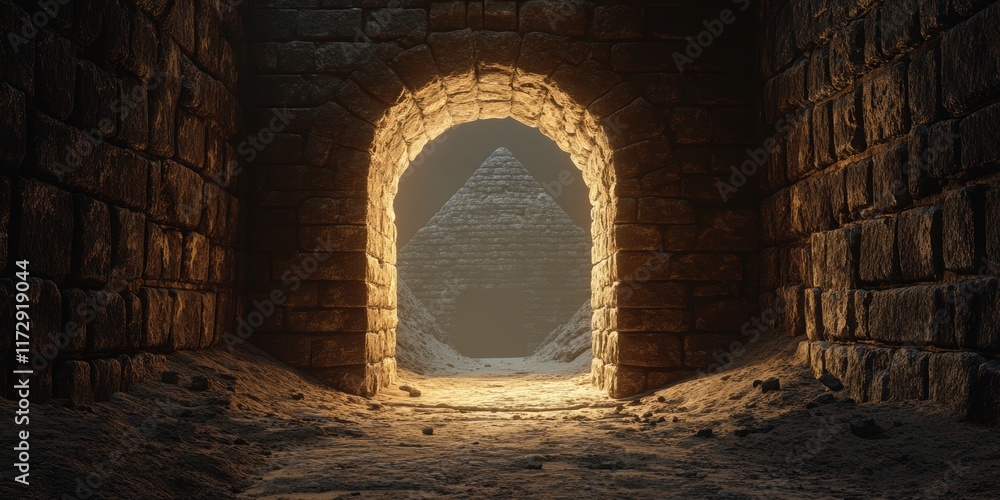 Obraz premium Exploring ancient tunnels leading to a pyramid in dim light at twilight