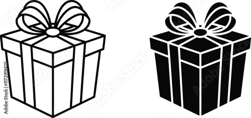 Two Gift Box Icons Outline and Filled, Present, Ribbon, Bow, Holiday