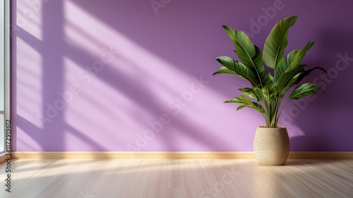 Wallpaper Mural A potted green plant is beautifully positioned against a vibrant purple wall, with sunlight casting intriguing shadows on the wooden floor, creating a lively ambiance. Torontodigital.ca