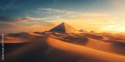 Pyramid stands majestically against the sunset in the Egyptian desert with rolling sand dunes photo