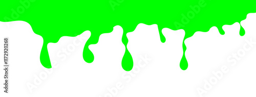 Dripping green goo with splashes and blot effects. Mucus texture blobs. Flat vector illustration isolated on white background. Green slime splashes, Cartoon set of fluid mucus drops