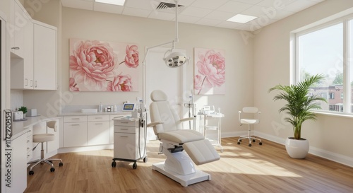 Medical spa interior, luxurious treatment room, white and pink color scheme, floral wall art, modern dental chair, hardwood floors, bright natural lighting, minimalist design, clean aesthetic, potted 
