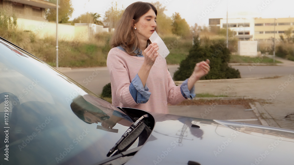 Frustrated young woman reading parking ticket on car windshield
