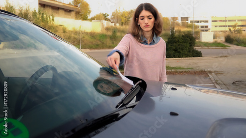 Obraz na płótnie Young woman picking up parking ticket from car windshield w salonie