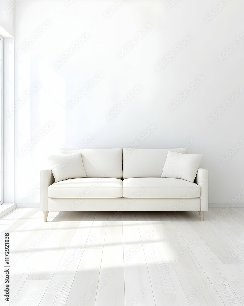 Modern white sofa at bright living room furniture showcase minimalistic design natural light home decor inspiration Modern white sofa at bright living room furniture showcase minimalistic design natural light home decor inspiration