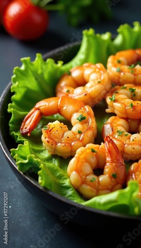 Crispy shrimp on a bed of lettuce in a skillet, seafood, topping