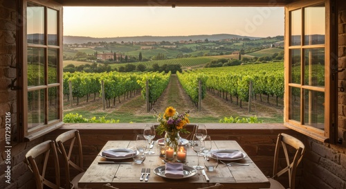 Tuscan vineyard view, open wooden window frame, rustic dining table, wine glasses, flower vase centerpiece, rolling hills landscape, golden sunset light, Italian countryside, romantic dinner setting, 