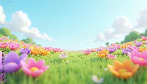 Vibrant Flower Field: A Sunny, Cartoonish Spring Landscape photo