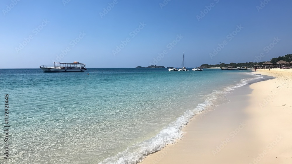 Clear blue skies and calm waves on Koh Samet beach, with a few boats docked in the distance. Clear blue skies and calm waves on Koh Samet beach, with a few boats docked in the distance.