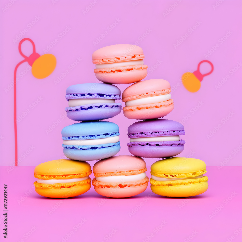 Colorful macarons stacked in a playful display studio setting food photography vibrant background top-down angle dessert concept Colorful macarons stacked in a playful display studio setting food photography vibrant background top-down angle dessert concept