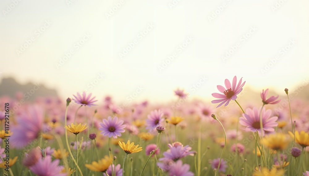 Serene Sunset Meadow: Pastel Flower Field in Soft Golden Light Serene Sunset Meadow: Pastel Flower Field in Soft Golden Light