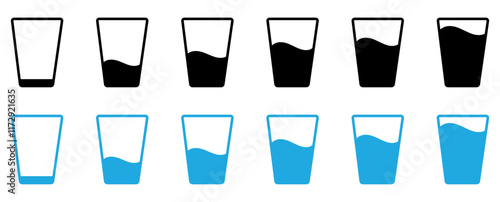 Water glass icon set in black color on white background. Full and empty glass of water flat icon set.  Glass with water isolated set. Drinking water glass icon.  Drink glass icon collection in color. 