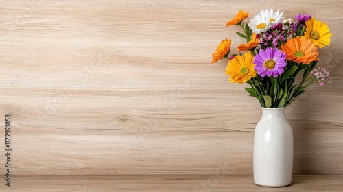 Wallpaper Mural A photostock of a colorful bouquet of spring flowers arranged in a vintage vase on a rustic wooden table, symbolizing renewal and natural beauty. High Quality Torontodigital.ca