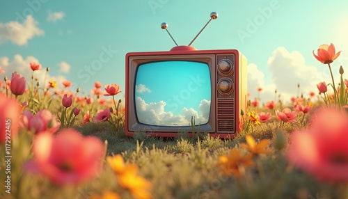 Vintage Television in a Serene Poppy Field: Retro Nostalgia photo