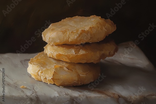 A Stack of Golden Brown Cookies on Marble photo