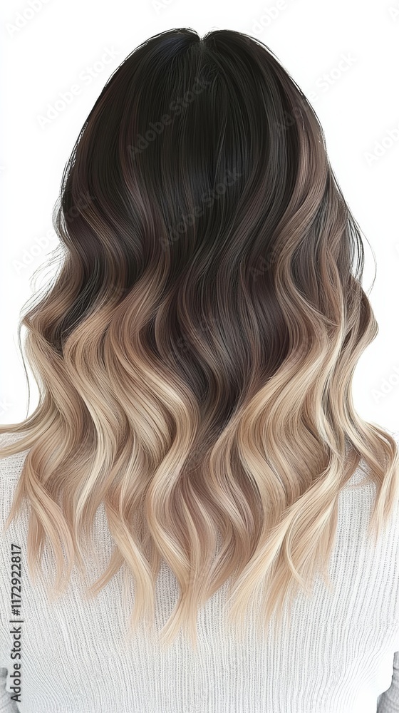 Naklejka premium back view of a woman with mediumlength ombre hair, realistic illustration, wavy style, isolated on white background