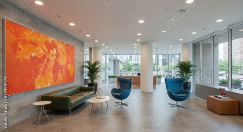 modern office interior, bright reception area, large abstract orange artwork, comfortable seating, blue accent chair, white walls, recessed lighting, potted plant, sleek design, corporate space, open 