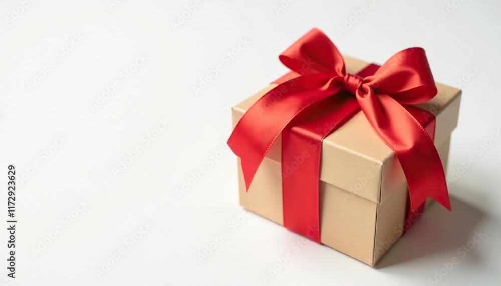 Obraz premium Red bow tied around a wooden gift box on white background, white background, gift box, gift wrapping