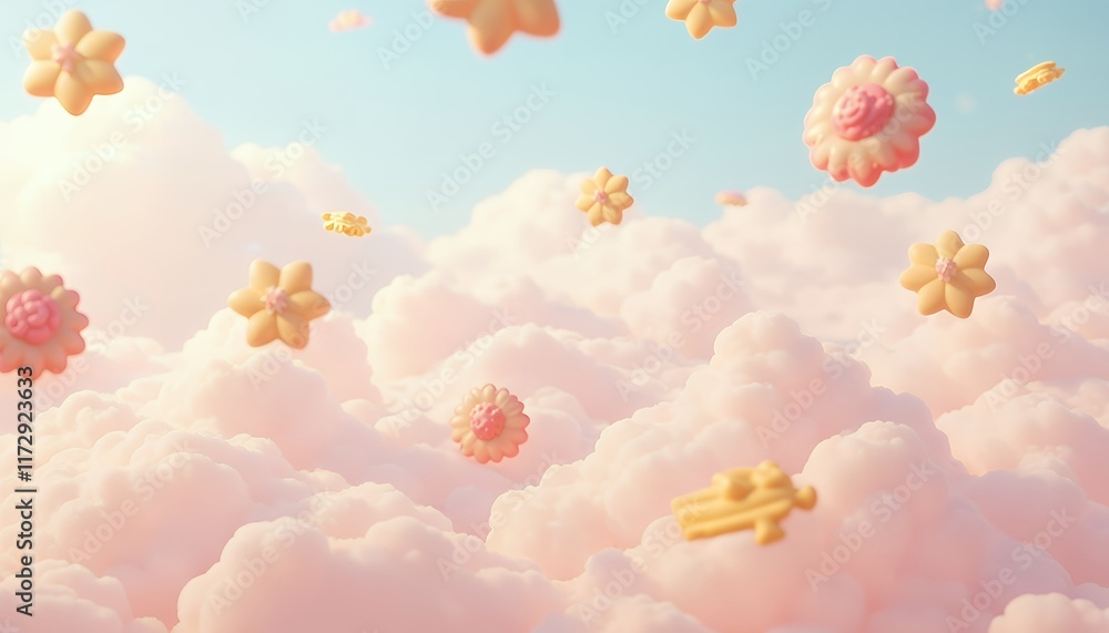 Pastel Flower Cookies Drifting in a Dreamy Cloudscape Pastel Flower Cookies Drifting in a Dreamy Cloudscape