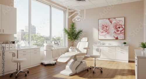 Medical spa interior, luxurious treatment room, white and pink color scheme, floral wall art, modern dental chair, hardwood floors, bright natural lighting, minimalist design, clean aesthetic, potted 