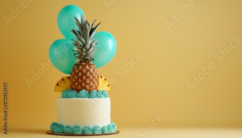 Tropical pineapple-themed cake paired with vibrant aqua balloons on a sandy yellow background photo