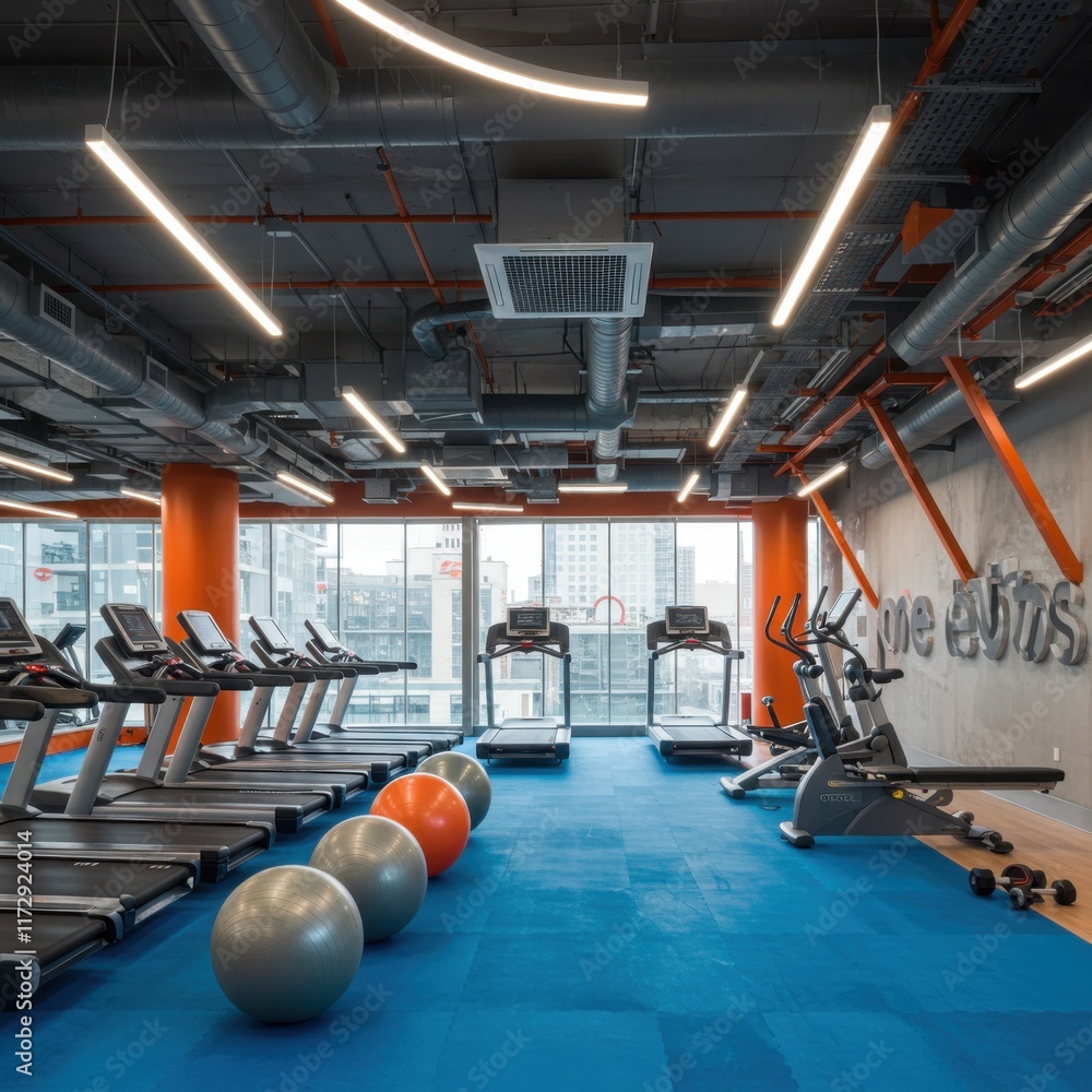 Fototapeta premium modern gym interior, blue floor, treadmills in a row, orange ceiling ducts, large windows, exercise equipment, bright lighting, spacious fitness center, industrial design, exercise balls, weight machi