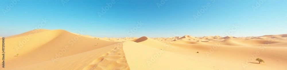 Sandy dunes stretch towards the endless blue sky, sandy dunes, dune field Sandy dunes stretch towards the endless blue sky, sandy dunes, dune field