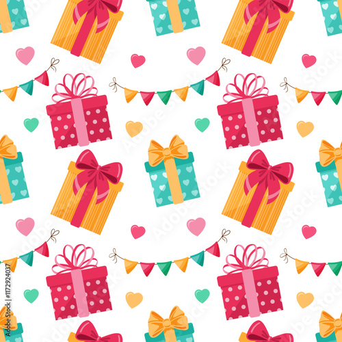 A festive seamless pattern of colorful gift boxes,flags and hearts. For celebrations and special occasions. Endless texture. Vector illustration.