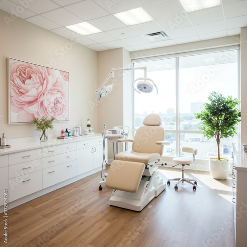 Medical spa interior, luxurious treatment room, white and pink color scheme, floral wall art, modern dental chair, hardwood floors, bright natural lighting, minimalist design, clean aesthetic, potted 