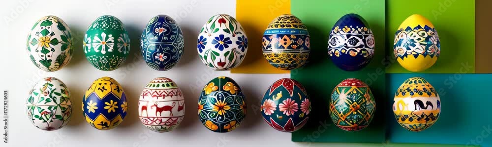 Decorated Easter eggs with traditional folk patterns. Banner Decorated Easter eggs with traditional folk patterns. Banner