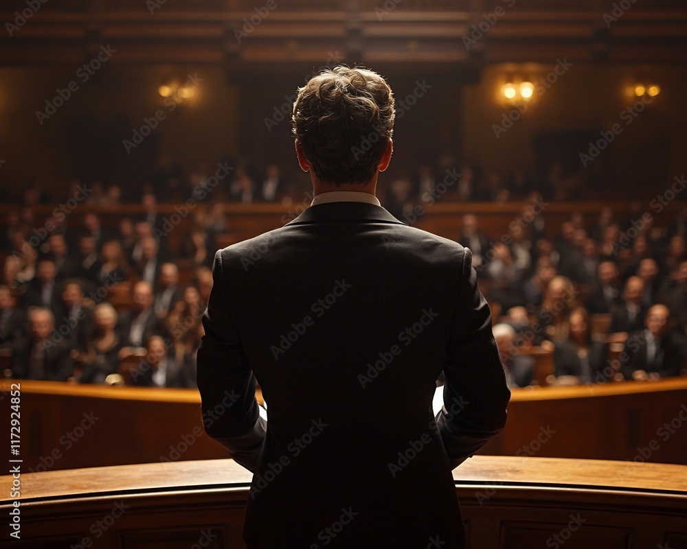 Fototapeta premium Man in suit addressing large audience.