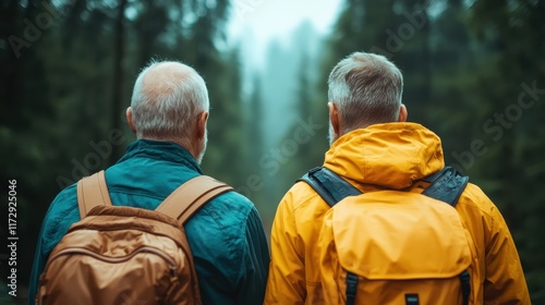 Wallpaper Mural From behind, two older men are captured hiking down a foggy forest trail. Their bright jackets and backpacks contrast with the misty surroundings, symbolizing adventure. Torontodigital.ca
