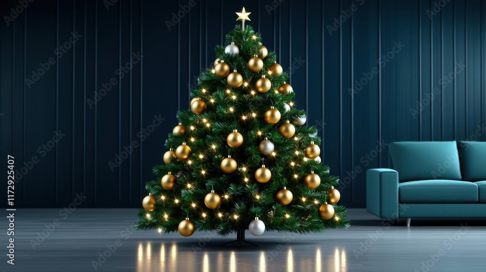 Fototapeta premium A photostock of a festive Christmas tree adorned with golden ornaments and twinkling fairy lights in a softly lit living room, symbolizing warmth and holiday cheer. High Quality