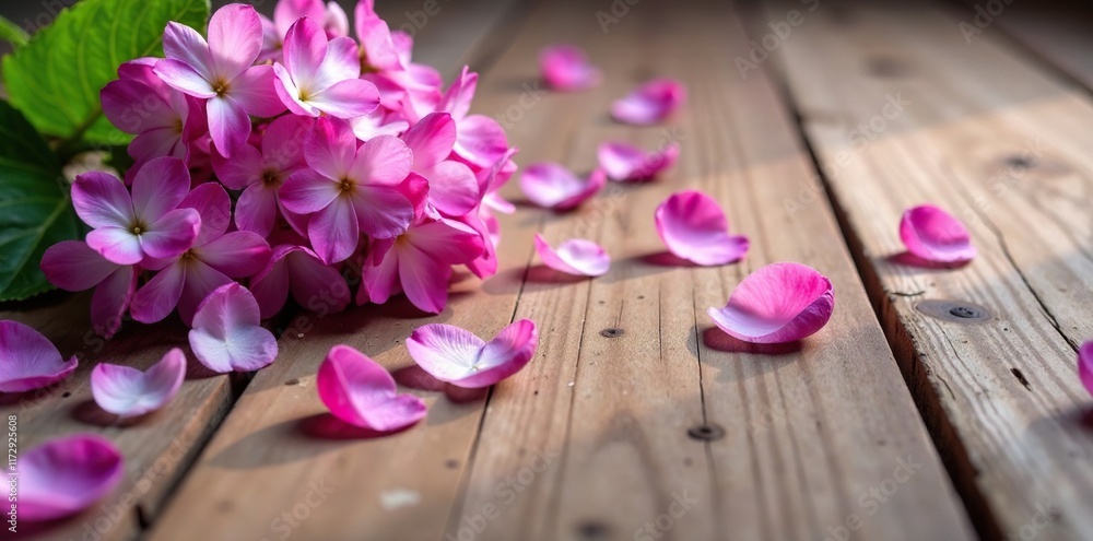 Pink and white lilac petals scattered on a rustic wooden floor, decor, floor Pink and white lilac petals scattered on a rustic wooden floor, decor, floor