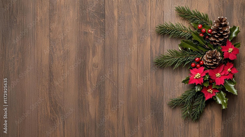 A photostock of a festive holiday wreath adorned with pinecones, berries, and golden accents hanging on a rustic wooden door, perfect for Christmas visuals. High Quality A photostock of a festive holiday wreath adorned with pinecones, berries, and golden accents hanging on a rustic wooden door, perfect for Christmas visuals. High Quality