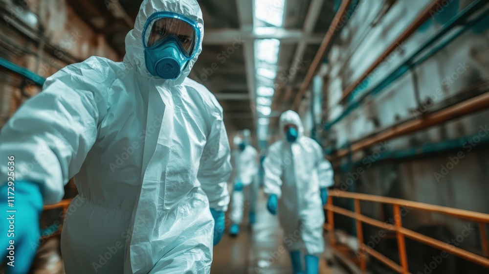 A group of individuals wearing full protective suits and masks walk through an industrial facility with caution and focus on maintaining safety protocols. A group of individuals wearing full protective suits and masks walk through an industrial facility with caution and focus on maintaining safety protocols.