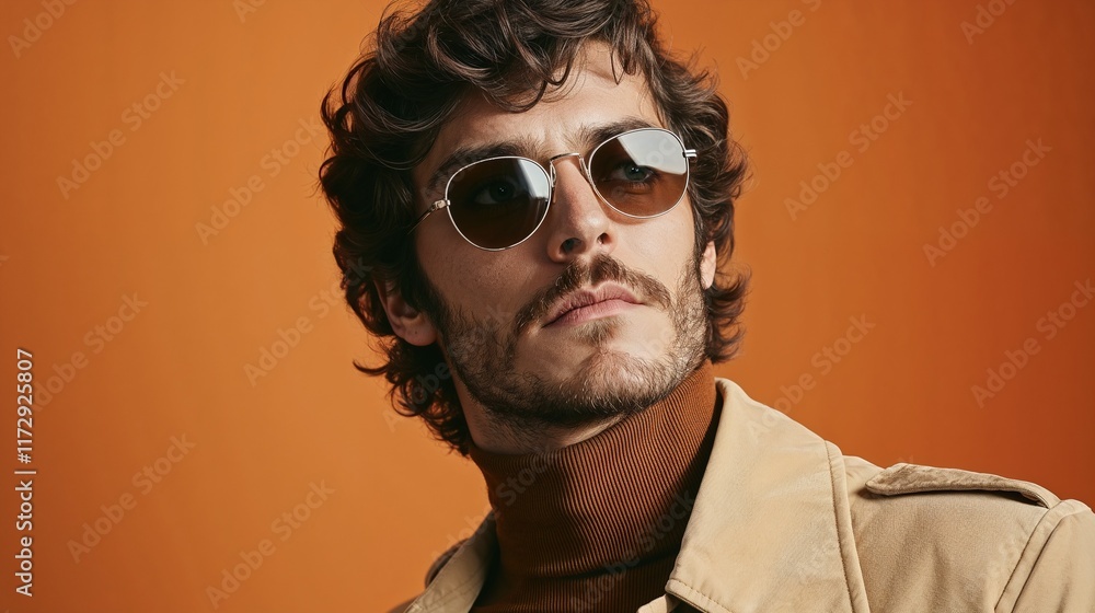 Man with sunglasses and beige jacket on an orange background Man with sunglasses and beige jacket on an orange background