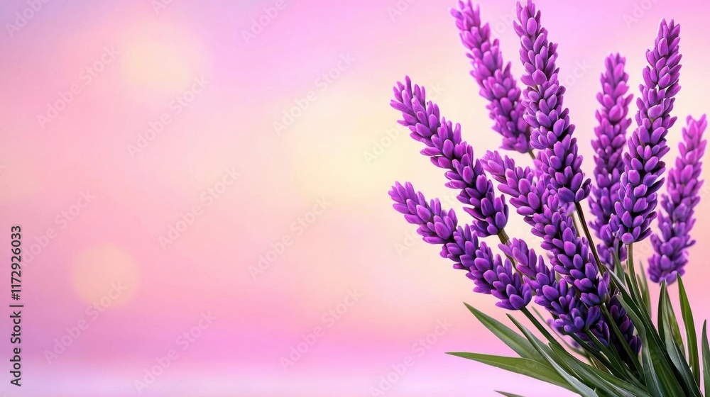 Naklejka premium A photostock of a field of lavender flowers in full bloom under a soft pink and purple sunset sky, symbolizing peace, calmness, and natural beauty. High Quality