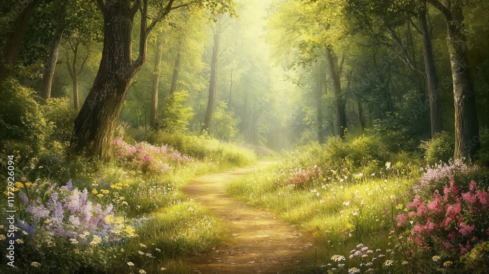 Forest clearing with sunlit trees and flowers Forest clearing with sunlit trees and flowers