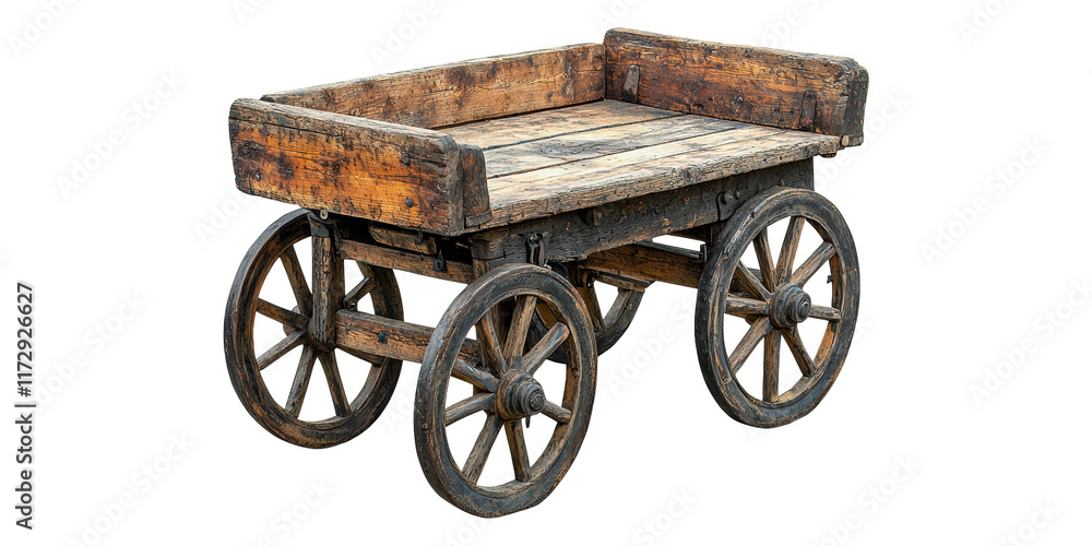 Fototapeta premium Antique wooden cart with four wheels isolated on transparent background