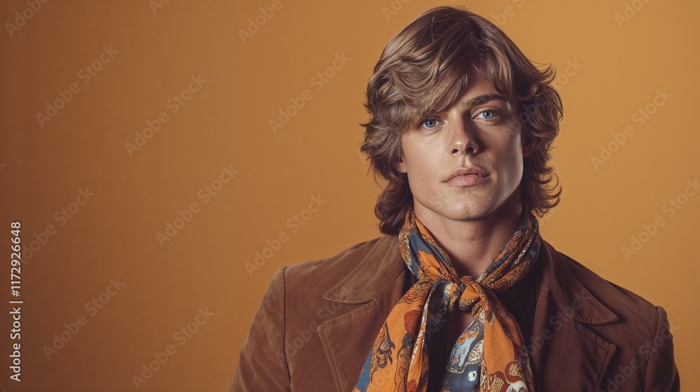 Retro man with long hair and scarf on a warm orange background Retro man with long hair and scarf on a warm orange background