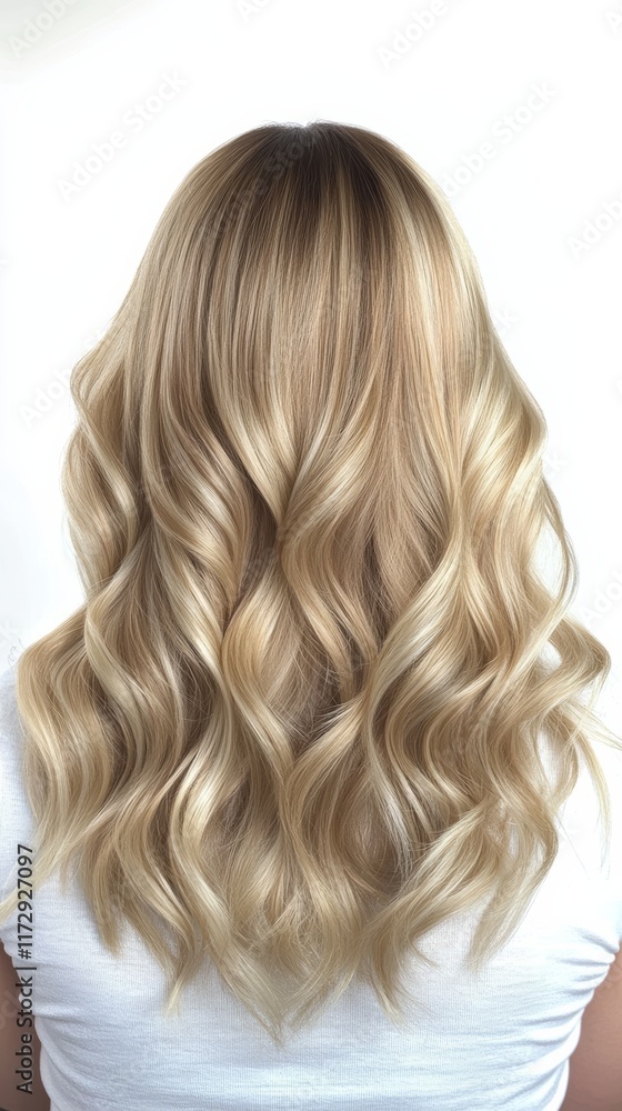 Naklejka premium back view of a woman with wavy layered hair in champagne gold, realistic illustration, natural and luminous, isolated on white background