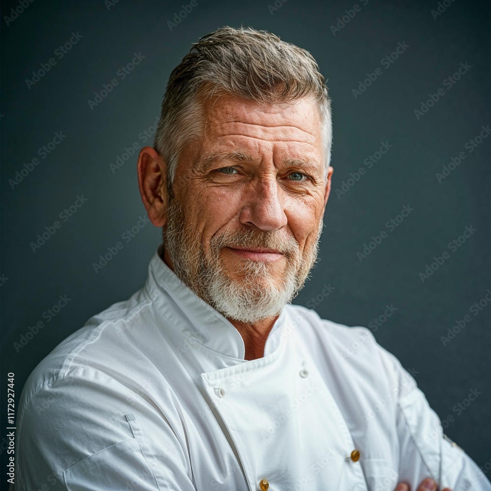 Fototapeta premium Mature male chef in white uniform smiling