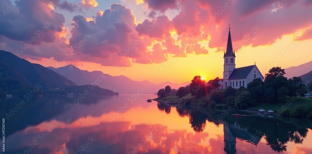 Fototapeta premium The sky above a serene river scene with a church in the foreground, reflection, sky, sunset