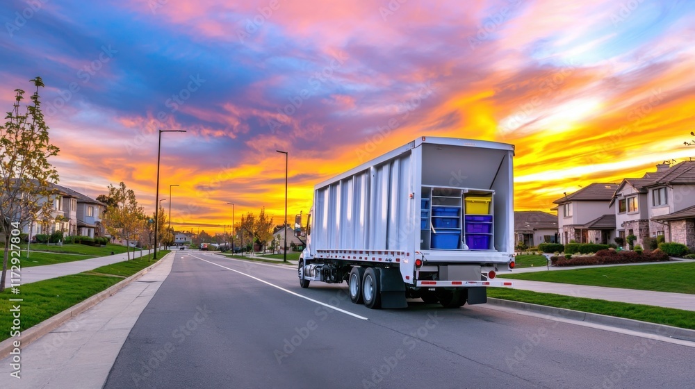 Obraz premium A recycling truck parked near a residential area, its compartments open 